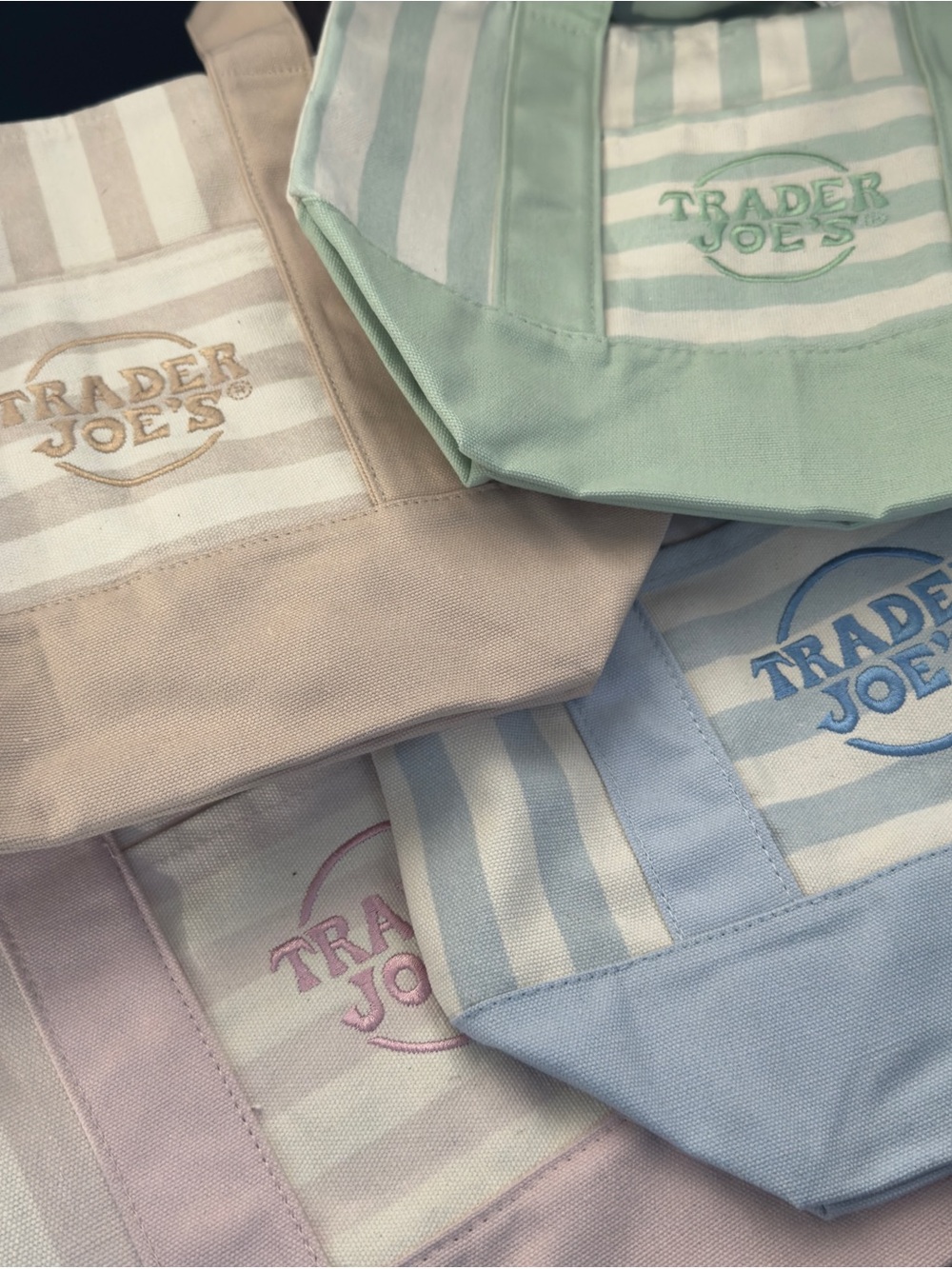 Set of 4 new striped TRADER JOES MINI TOTE BAGS. 1 of each color